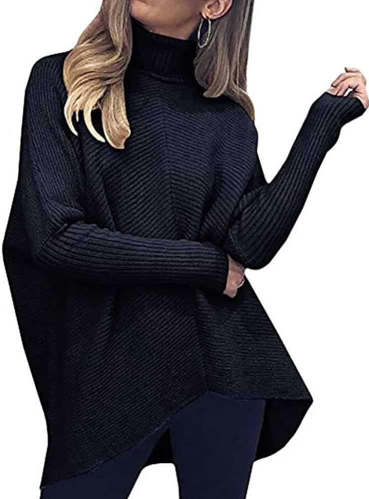 Poetsky Womens Turtleneck Pullover Sweater Loose Batwing Sleeve Knit Oversized Asymmetric Tunic T... | Amazon (US)