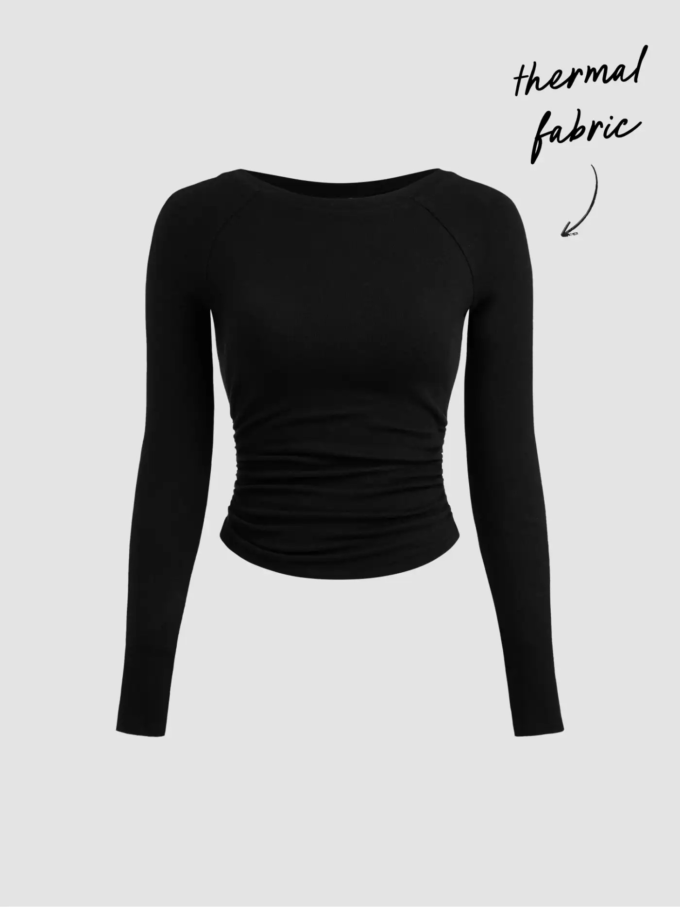 Thermal Cotton-blend Boat Neck Solid Ruched Long Sleeve Tee | Cider