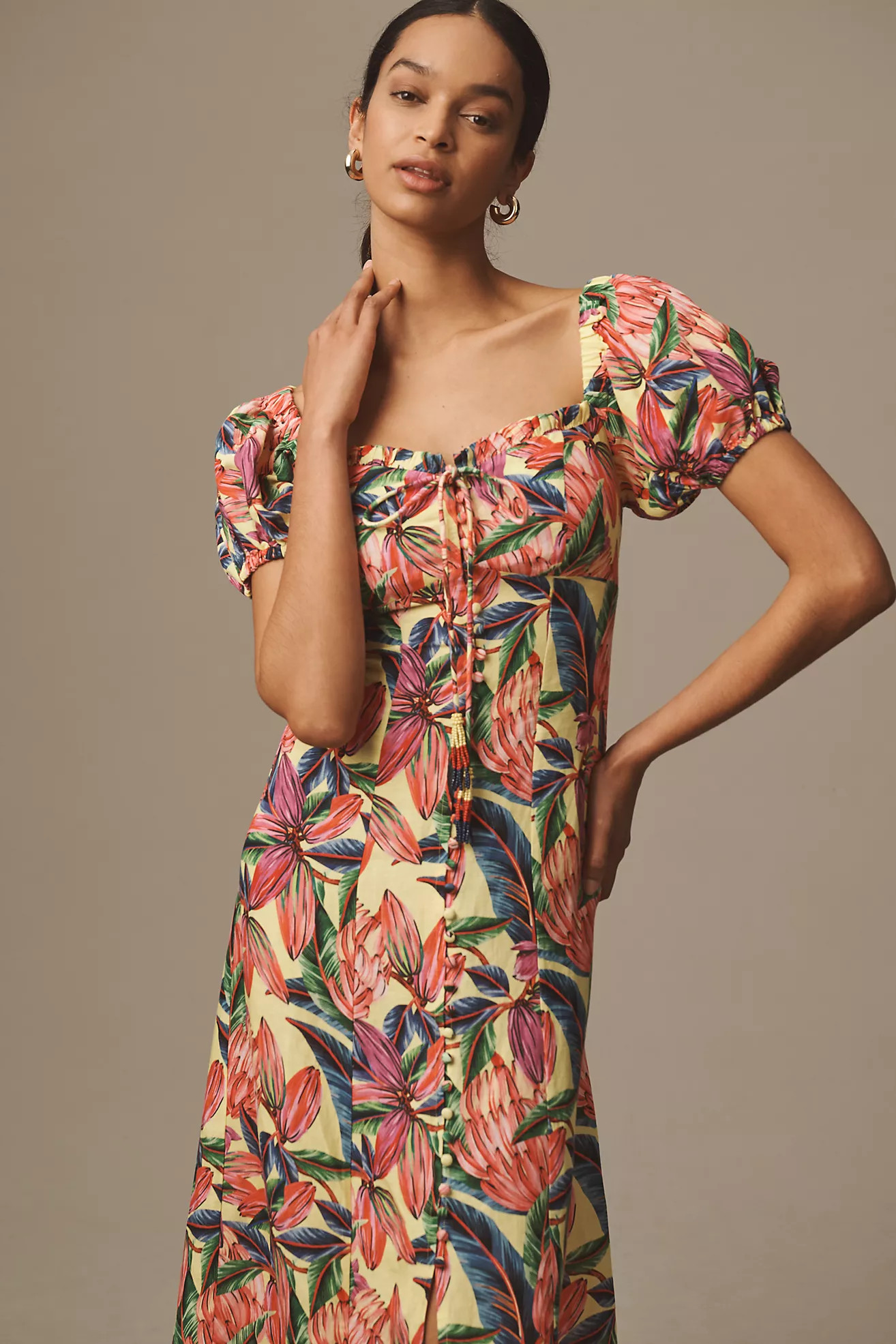 Farm Rio x Anthropologie Puff-Sleeve Sweetheart Linen Midi Dress | Anthropologie (US)