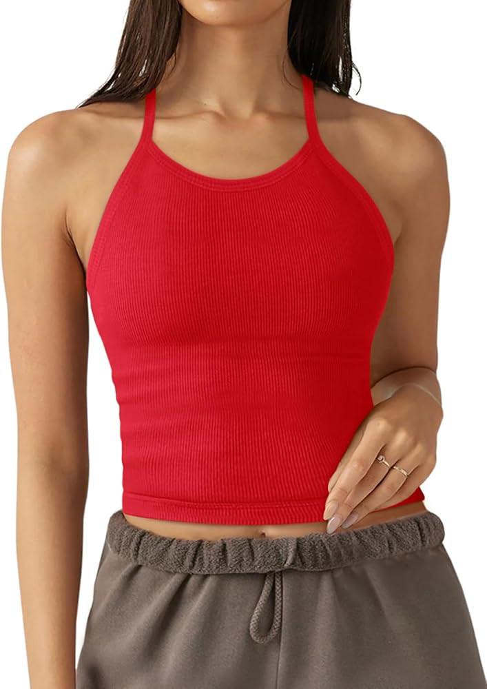 LASLULU Womens Sports Bra Seamless Long Crop Tank Racer Back Spaghetti Strap Workout Yoga Padded ... | Amazon (US)