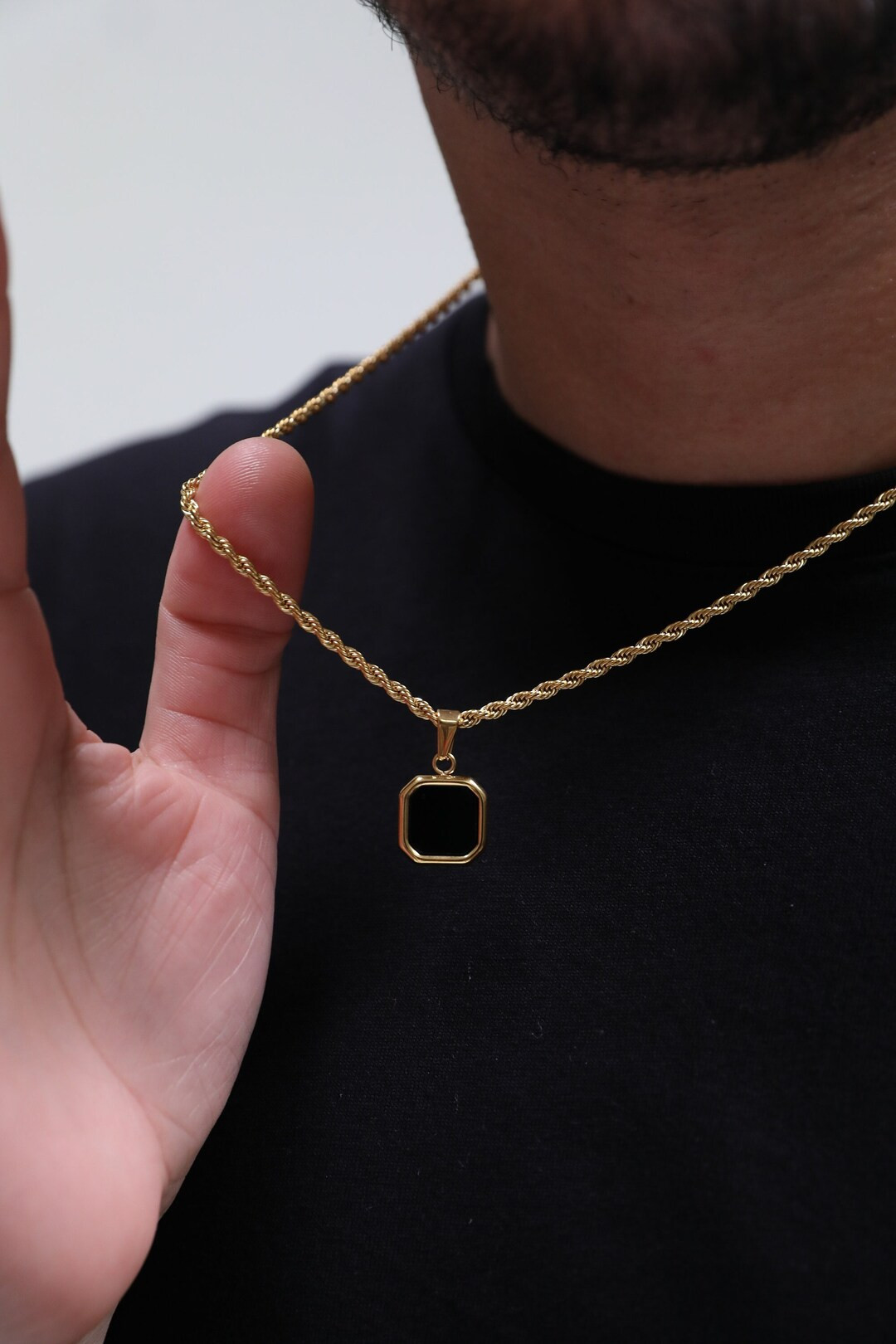 18K Gold Black Onyx Pendant Necklace Black Stone Pendant Men - Etsy UK | Etsy (UK)