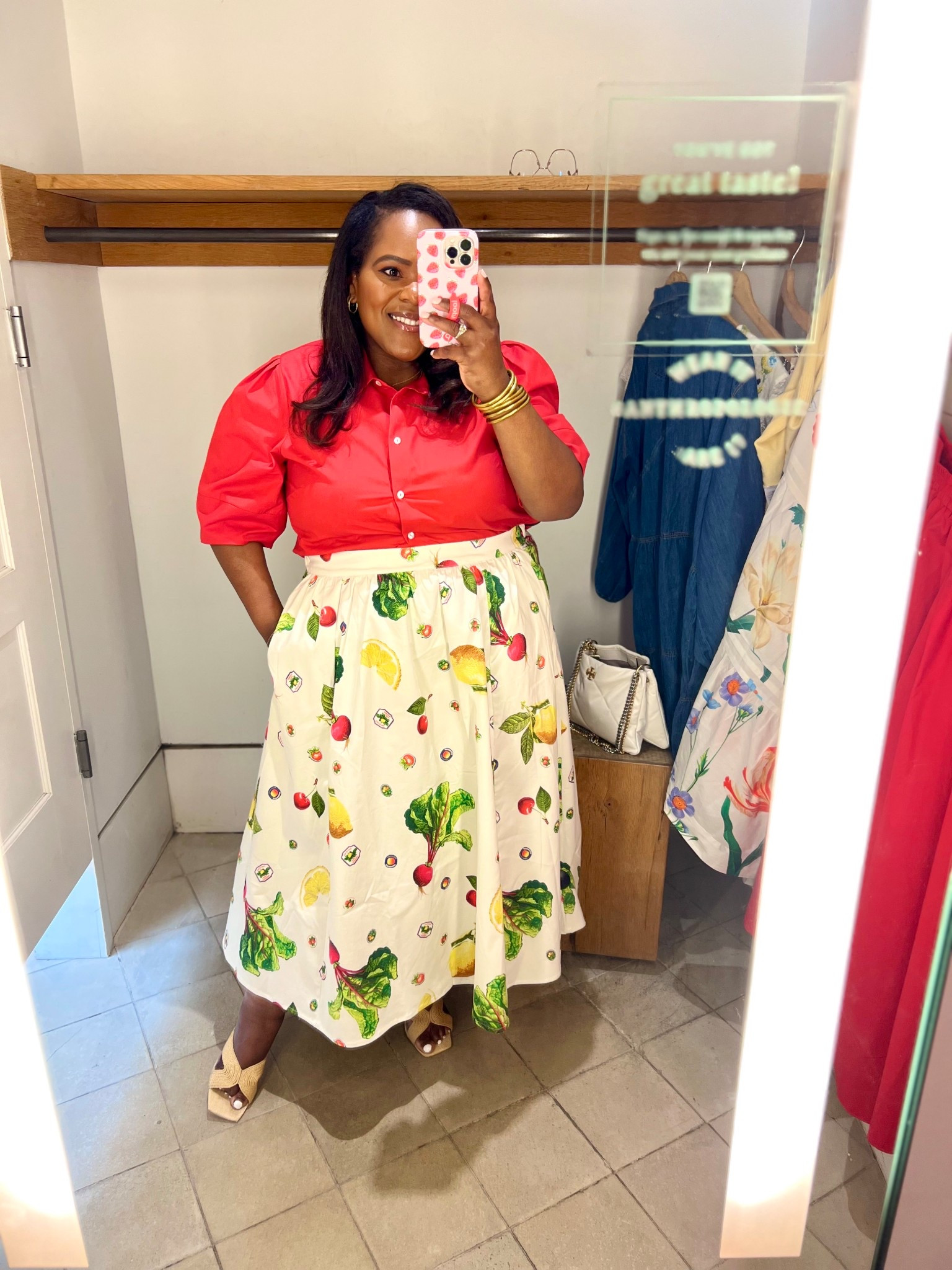 Anthropologie maxi skirt / cotton skirt / cotton red blouse / fruit and veggie 🥗 🍎 🍌 theme / summer outfit 

#LTKPetite #LTKMidsize #LTKStyleTip