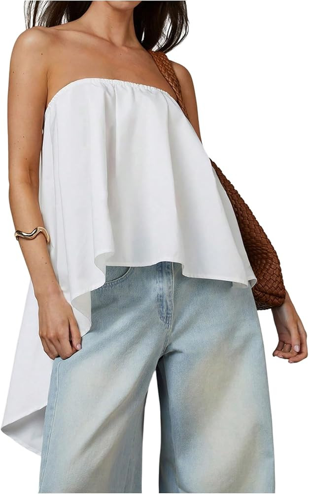 SweatyRocks Women's Asymmetrical High Low Tube Tops Open Back Strapless Flowy Bandeau Blouses | Amazon (US)