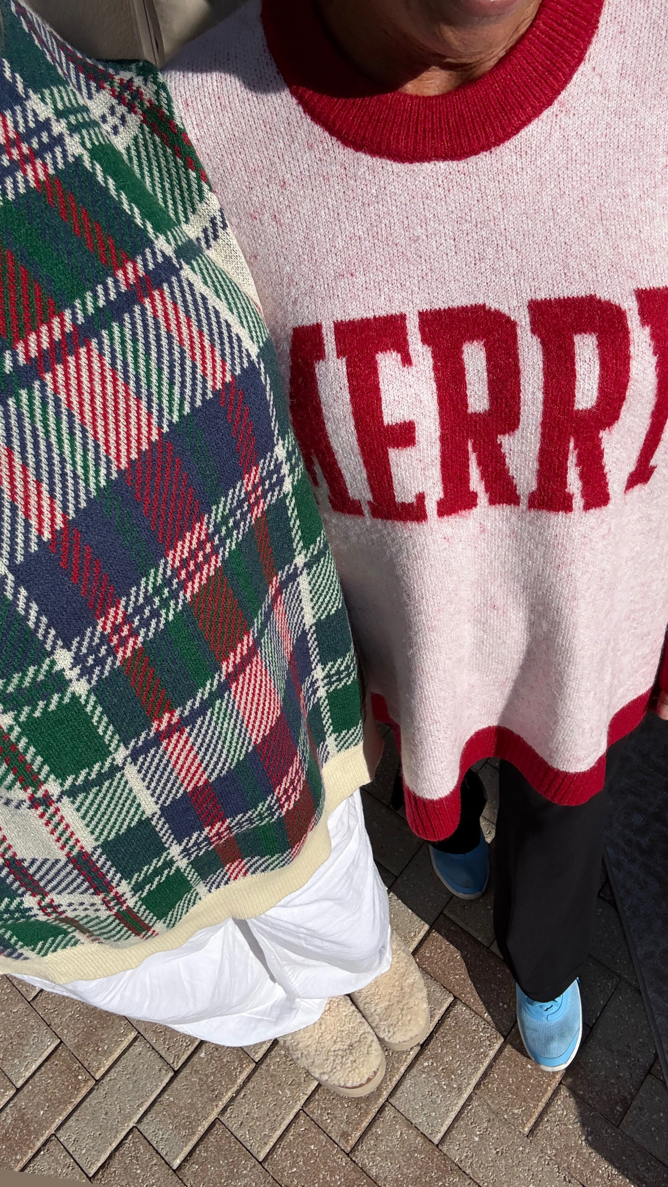 loving this merry holiday sweater from show me your mumu for christmas. they also have the cutest green plaid traditional christmas print sweater. paired with white linen pants and cozy sherpga Uggs for a winter outfit 

 #LTKHoliday #LTKSeasonal