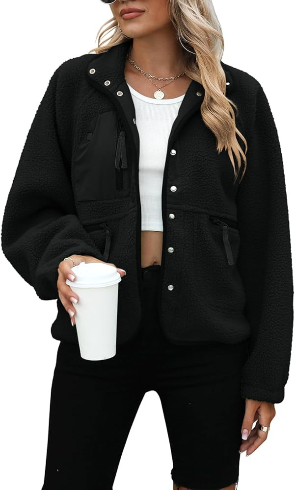 Yanekop Womens Fleece Jacket Fuzzy Long Sleeve Short Winter Coats Button Down Sherpa Jacket Outer... | Amazon (US)