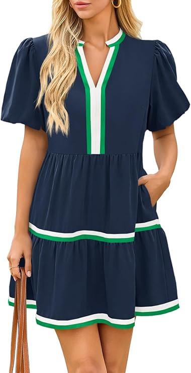 Cicy Bell Womens V Neck Floral Mini Dress Short Puff Sleeve Patchwork Summer Casual Boho Dresses | Amazon (US)
