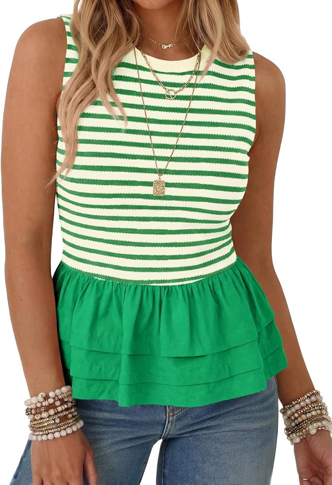 Tankaneo Womens Summer Striped Peplum Tank Tops Casual Crew Neck Sleeveless Shirts Color Block Lo... | Amazon (US)