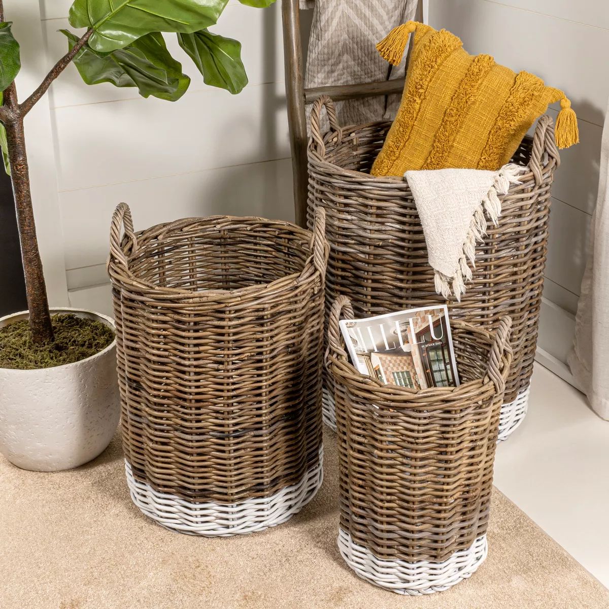 happimess Ternion Cottage Hand-Woven Rattan Nesting Baskets with Handles, Kubu Gray/White (Set of... | Target