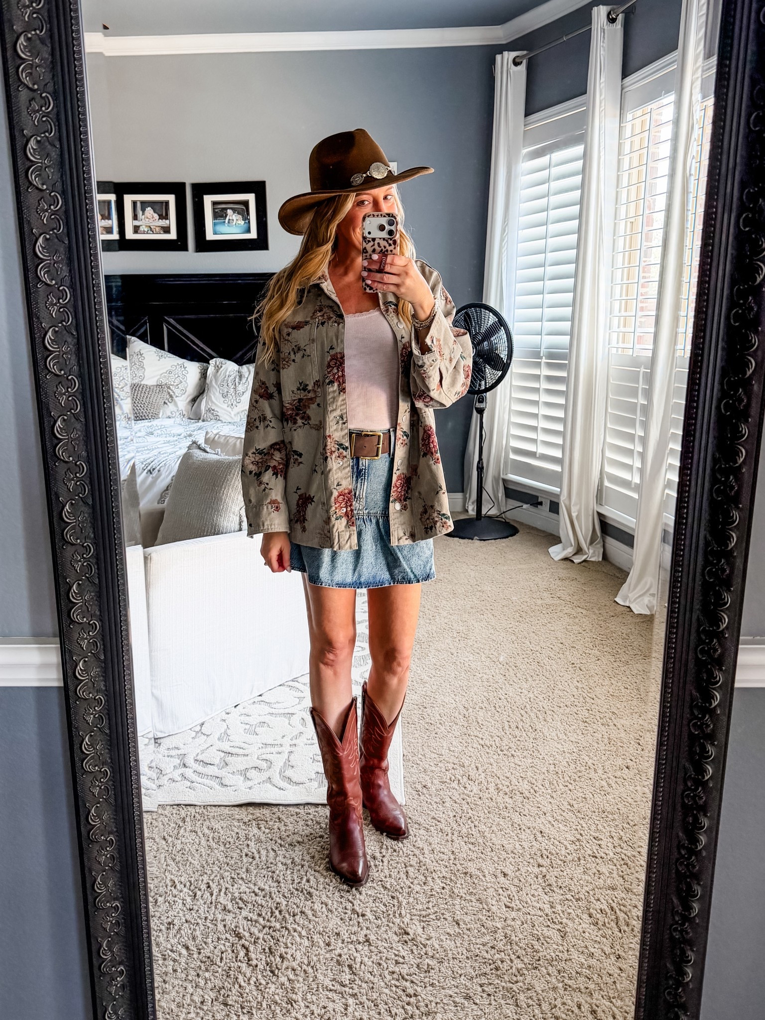 This outfit is so cute! Obsessed with this denim skirt  and floral jacket. Paired it either a basic tank that you will want in every color. Everything runs tts. I’m wearing a small in the jacket and tank top. Im wearing a size 24 in the skirt. 

Concert outfit | country concert outfit | rodeo outfit | western outfit | boots | cowboy boots | date night | Nashville outfit | travel | denim skirt | jean skirt| jacket | western belt | spring outfit | hat | cowboy hat | Target @Target | tank top | floral jacket | denim jacket 




#LTKmomlife #LTKootd #LTKFestival