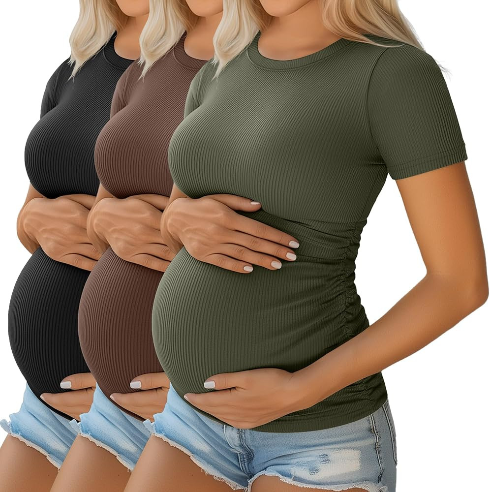 Ficerd 3 Pack Maternity Shirts for Women, Cotton Ribbed Pregnancy Tops Short Sleeve Side Ruched S... | Amazon (US)