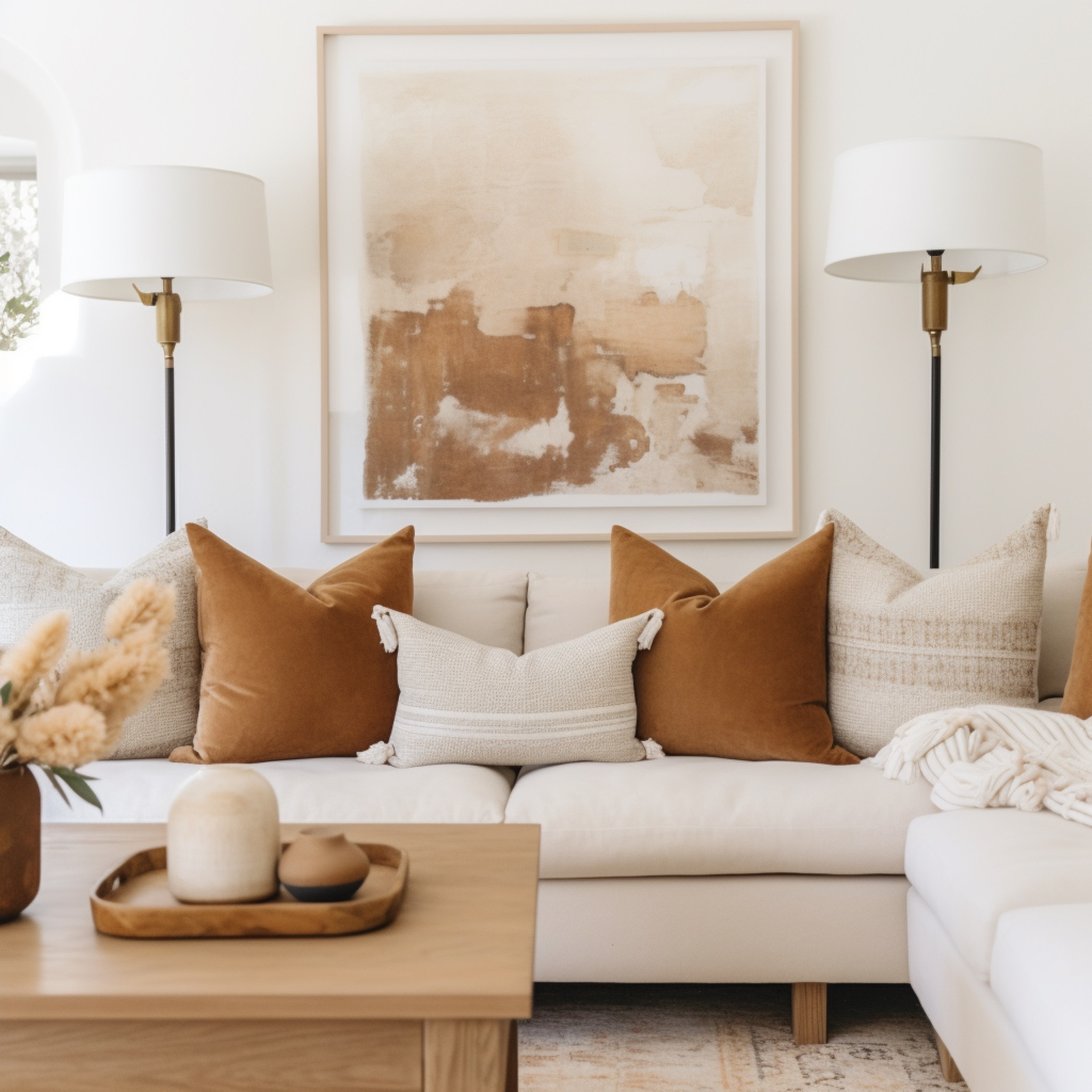 Velvet throw pillows in rust & camel colorways 