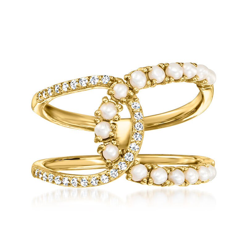 1.75-2.25mm Cultured Pearl and .10 ct. t.w. White Topaz Horseshoe Ring in 18kt Gold Over Sterling | Ross-Simons