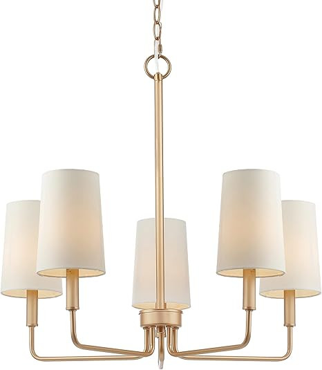 Chandelier, Muted Gold with White Fabric Shade, Farmhouse Linear Island Lighting Fixture for Kitc... | Amazon (US)