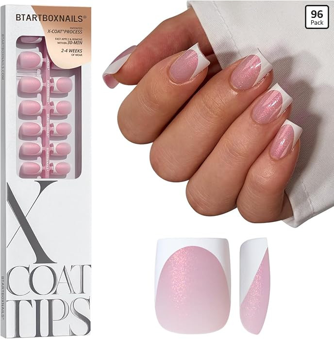 BTArtboxnails Shimmering French Tip Nails - 96Pcs Sparkling Pink Base Extra Short Press On Nails,... | Amazon (US)