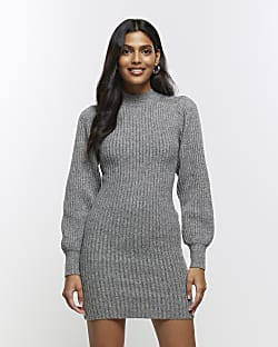 Grey knitted puff sleeve jumper mini dress | River Island (UK & IE)