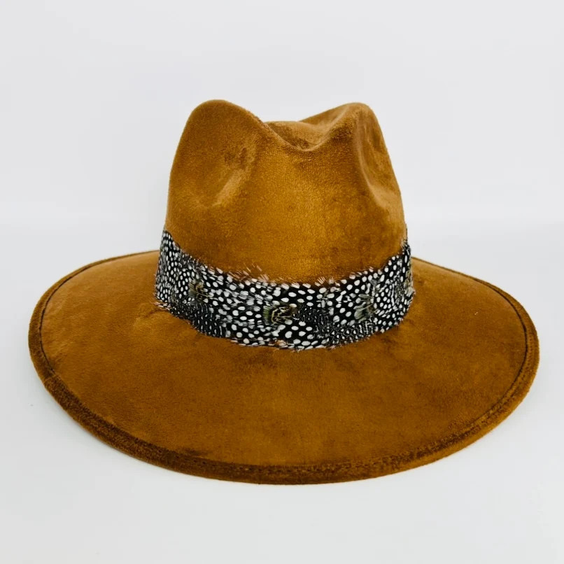 Light Brown Suede Hat with Black and White Dot Feather Light Brown Suede Hat | Baldiz