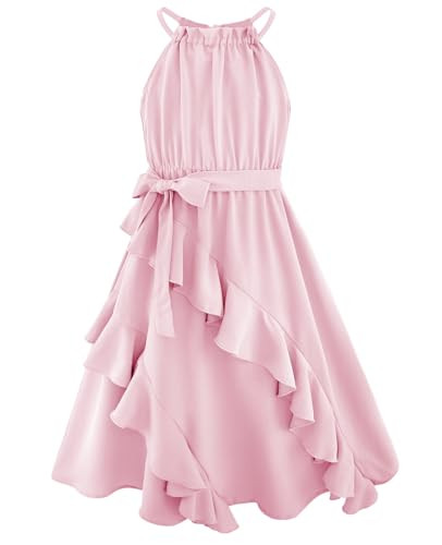 Girls Pink Dress Size 7-8 Tween Flowy Tiered Ruffle Halter Neck Belt Swing Midi Semi Formal Dresses Vestidos para Niñas | Amazon (US)