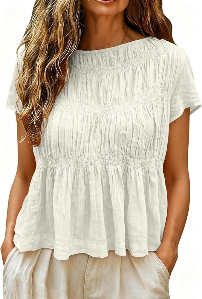 Womens Cropped Babydoll Tops Peplum Pleated Linen Blouses | Amazon (US)