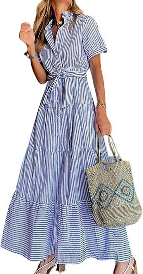 utcoco Womens Casual Short Sleeve Button Down Tie Waist Ruffled Striped Maxi Shirt Dress | Amazon (US)