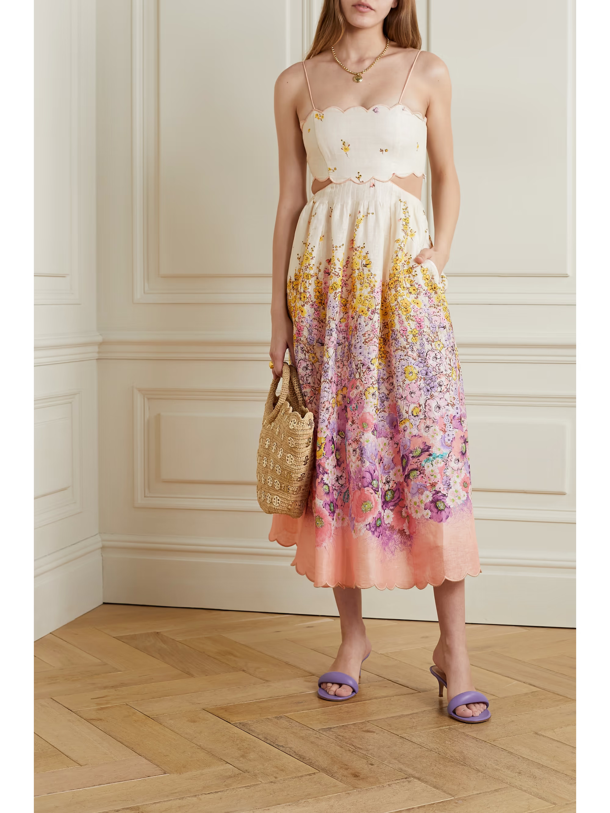 Jude lace-up cutout scalloped floral-print linen midi dress | NET-A-PORTER (UK & EU)