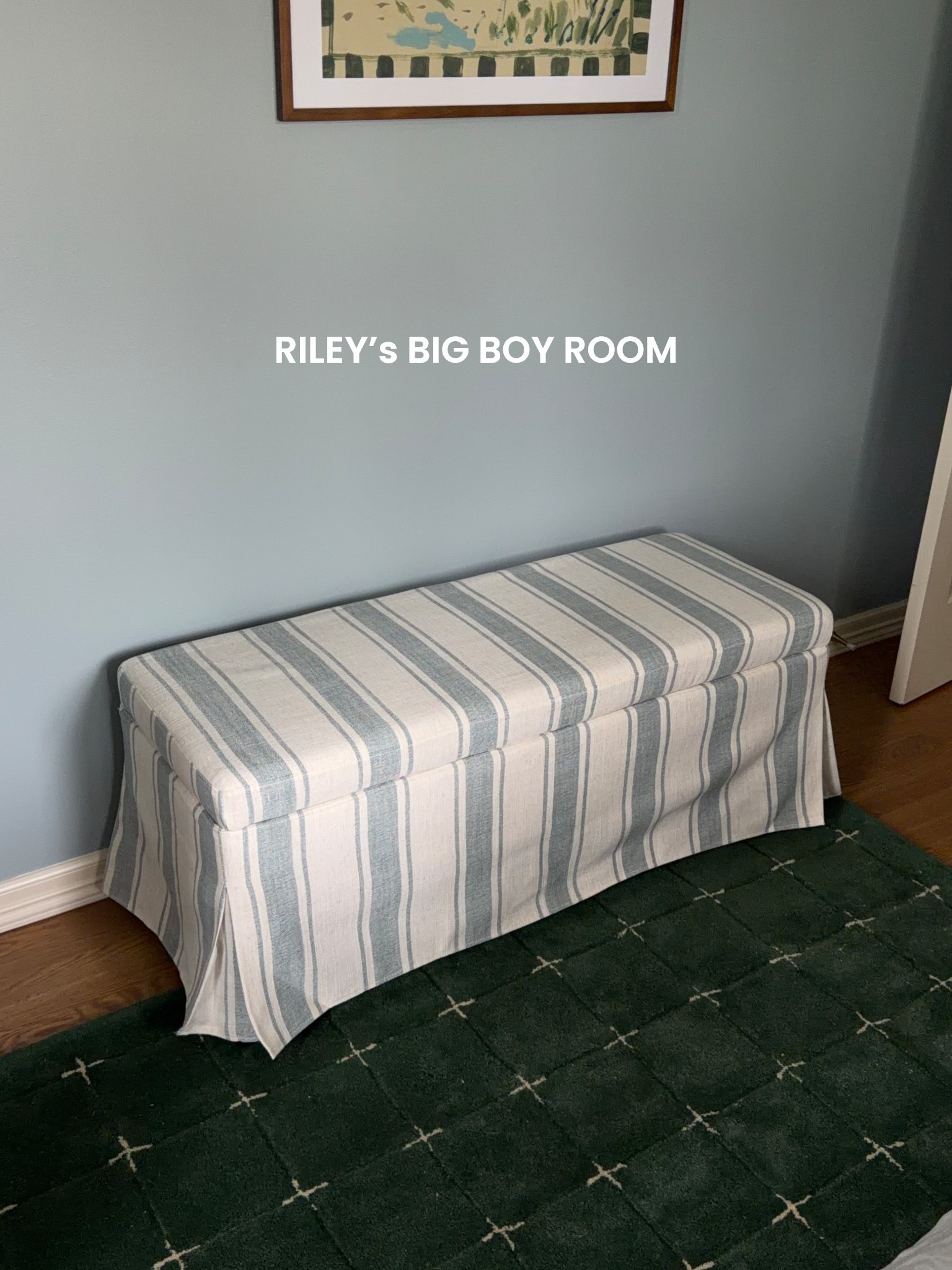 Obsessed with this toy storage bench it’s gorgeous and I love the blue stripes! Line texture and storage inside. I steamed it quickly when it arrived 

#bigboyroom #boysroom #toystorage #wayfair

#LTKHome #LTKKids