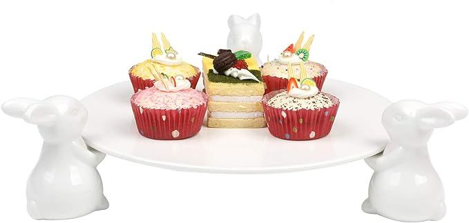 MyGift Decorative White Ceramic Cake Stand with Rabbit Design, 16-Inch Dessert Serving Tray | Amazon (US)