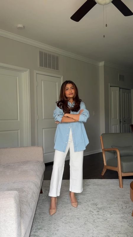 Lightweight denim/chambray shirt. Wearing small.  Worn multiple ways here. 
Also shown:
Wide leg cropped white pants that are petite friendly and actually cut off at my ankle. The material is soft and forgiving and not see through. I’m wearing 25 petite (which is my usual size in Madewell). 

High waisted 5” shorts. Wearing 25 but will size up if I want looser fit. 

Ankle length darker wash straight denim—wearing 25P

Pull up black tube dress—wearing small 

White tennis skirt, wearing small. 

Black trousers—wearing medium 


#LTKworkwear #LTKstyletip #LTKVideo