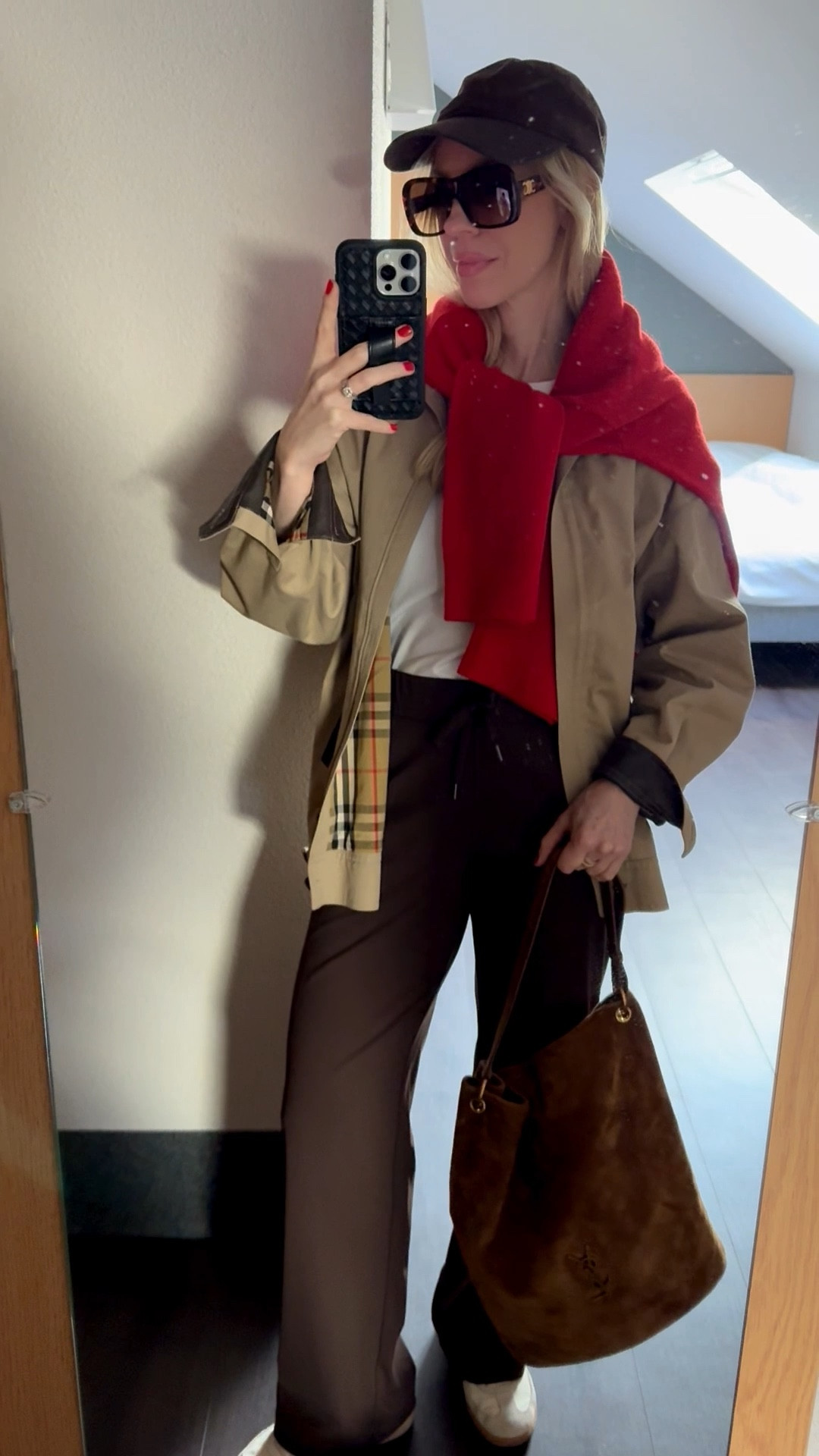 Travel outfit, airport look, vintage trench coat, red sweater, chocolate brown and red, Amazon jogger pants, Adidas Samba sneakers, suede YSL bucket bag 

#LTKSaleAlert #LTKOver40 #LTKTravel