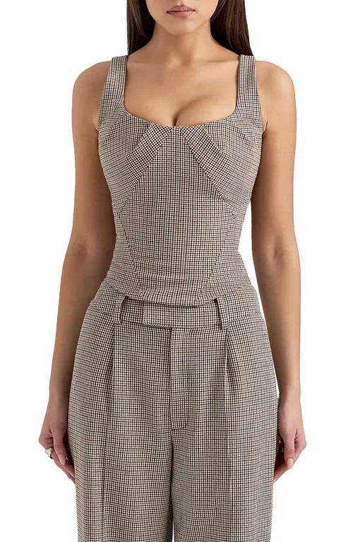HOUSE OF CB Selma Lace-Up Corset Top in Brown Check at Nordstrom, Size Medium | Nordstrom