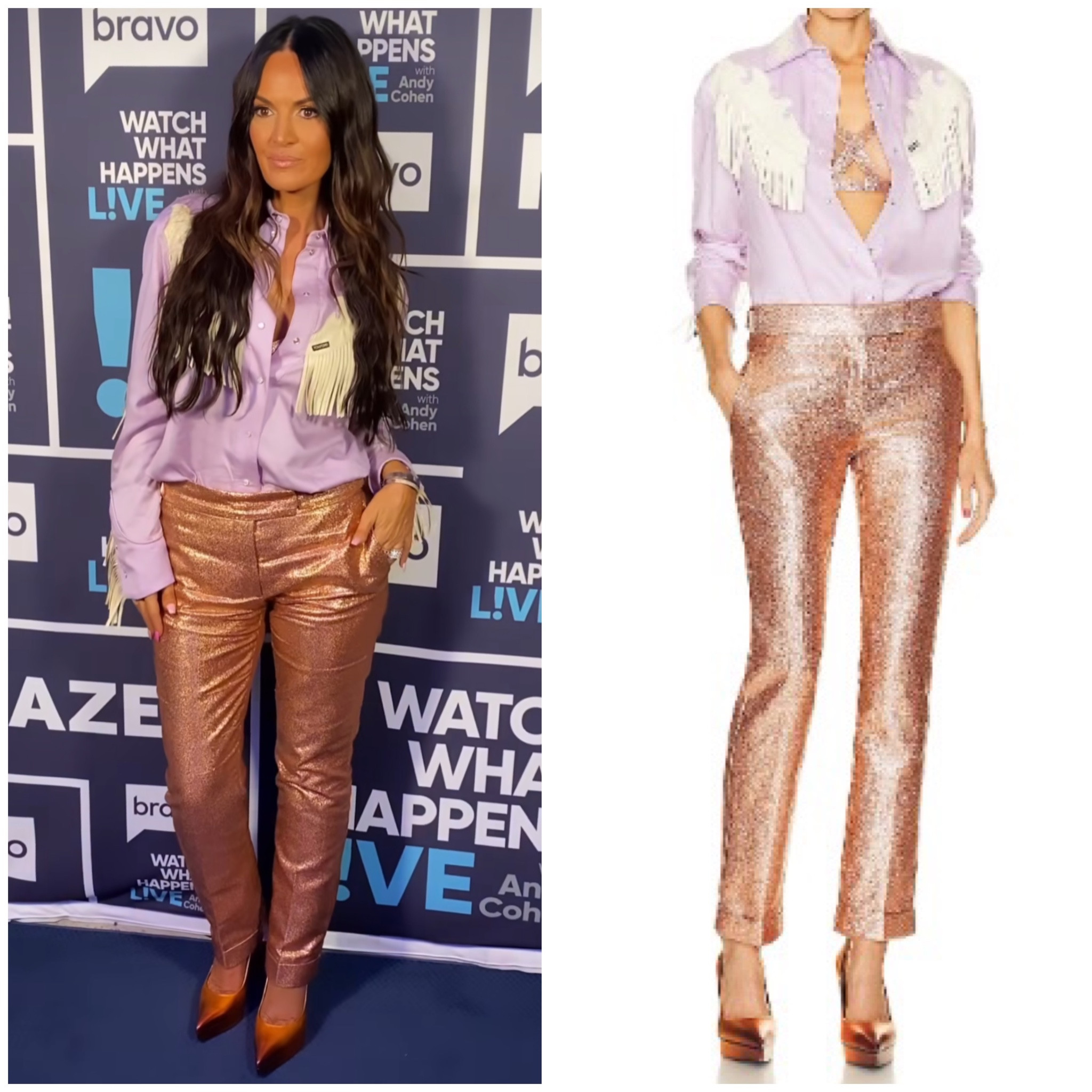 Lisa Barlow’s Lavender Fringe Shirt, Gold Metallic Pants, Ombre Pumps and Metallic Sheer Bra on Watch What Happens Live 📸 = @bravowwhl