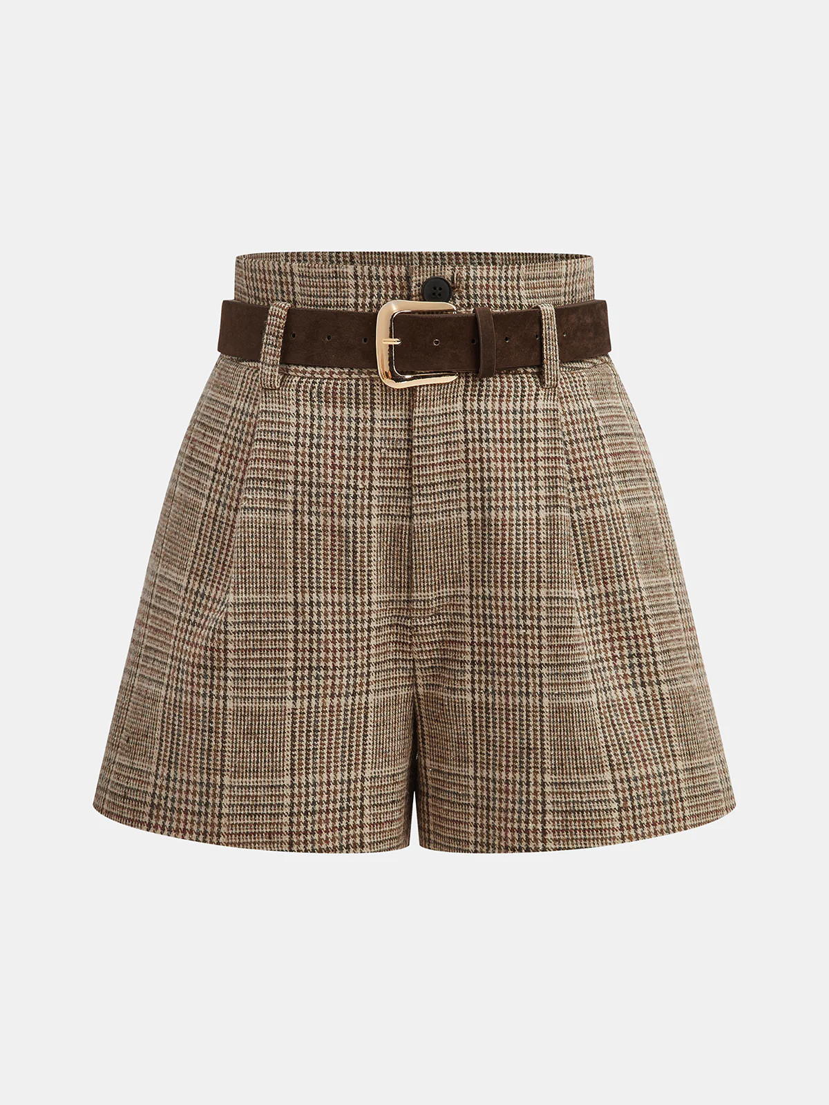 Belted High-Waist Houndstooth Tweed Shorts | Commense