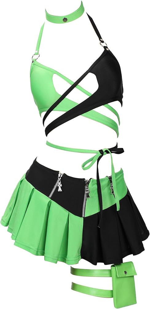 MEOWCOS Gothic Black Green Spliced Halter Bra and Bottom Bathing Suit with Long Sleeve Top Skirt ... | Amazon (US)