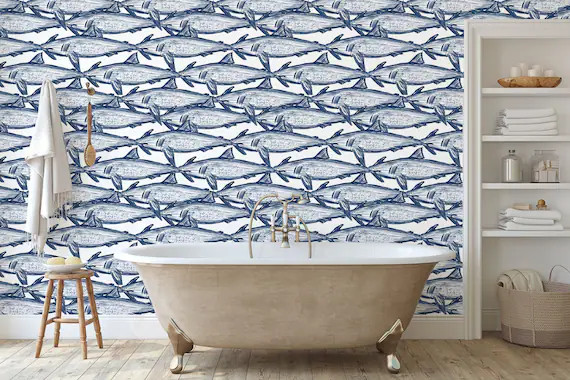 Shark Attack Wallpaper  Navy & White | Etsy | Etsy (US)