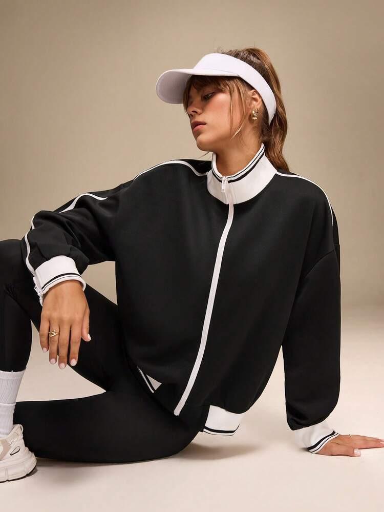 Hanevo Women's Fashion Autumn/Winter Stand Collar Long Sleeve Zip-Up Black & White Patchwork Design Loose Sporty Casual Jacket | SHEIN