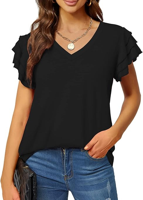 MSIEESO Women Summer Ruffle Sleeve Tops Casual Cute V Neck Blouse Tunic Shirt for Women | Amazon (US)