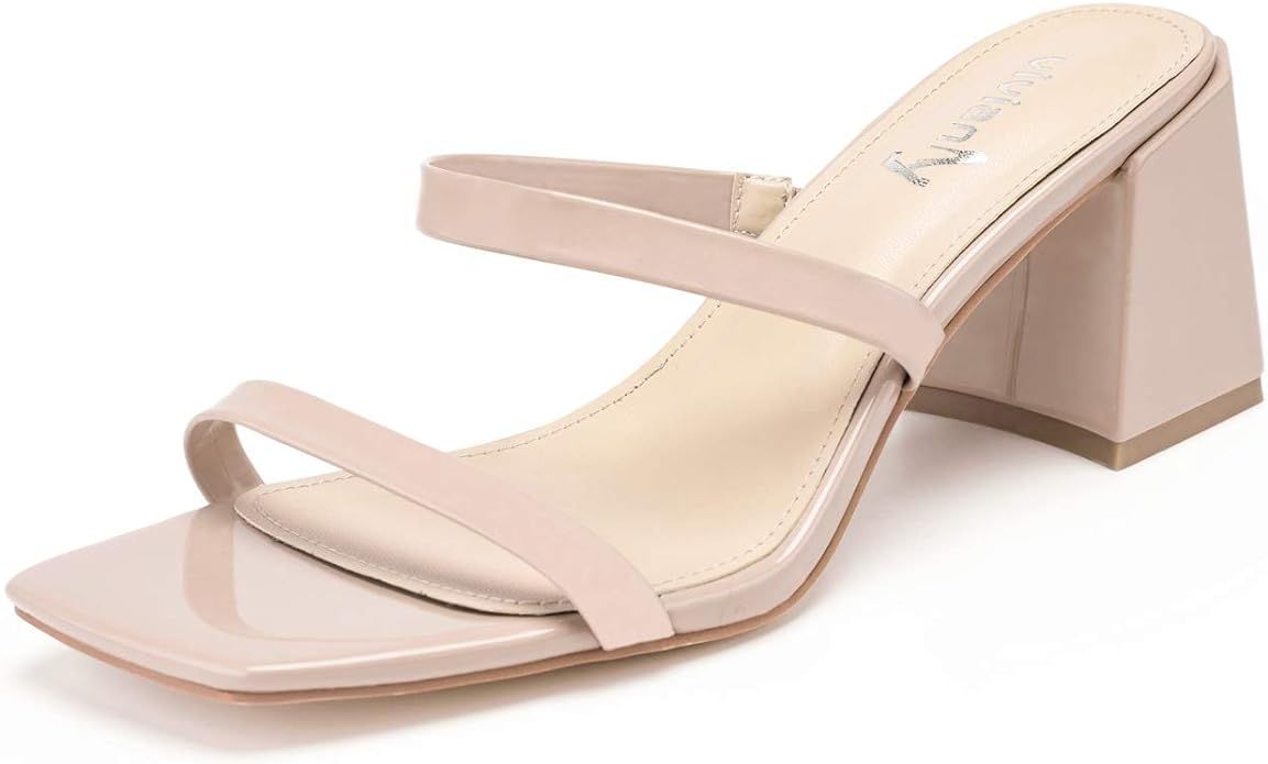 vivianly Women's Square Open Toe Chunky Block Heel Mules Slip On Slide Sandals Dress Shoes | Amazon (US)