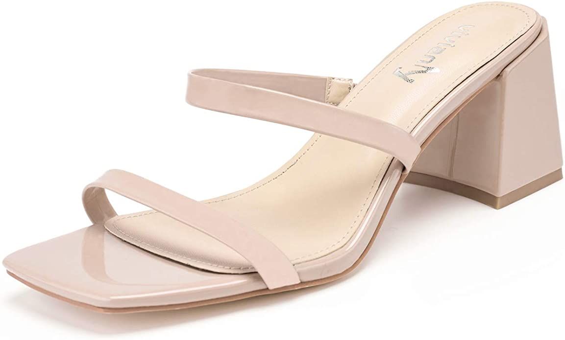 vivianly Women's Square Open Toe Chunky Block Heel Mules Slip On Slide Sandals Dress Shoes | Amazon (US)