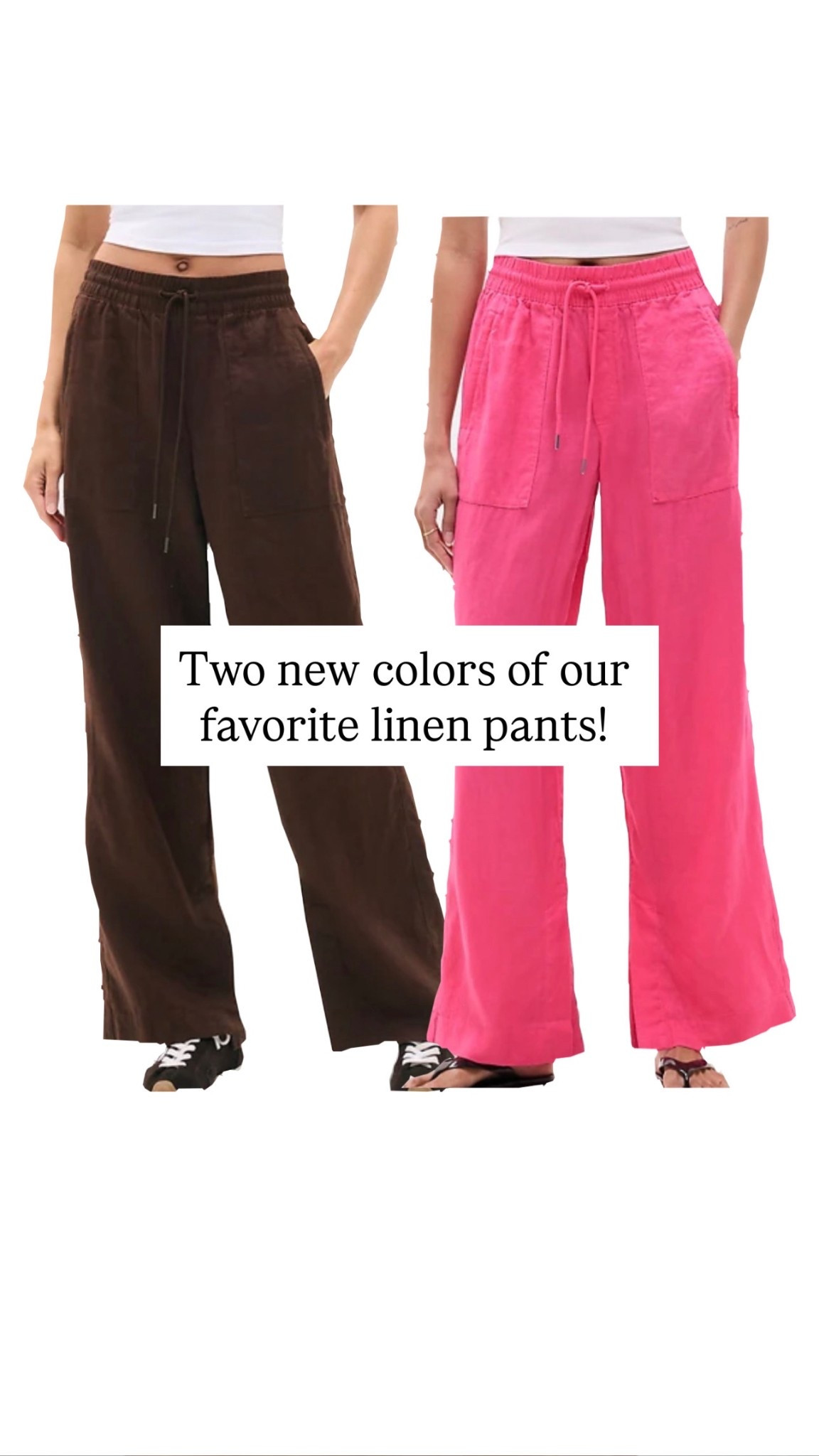 New colors of the retreat linen pants! These pants are the best linen pants I’ve ever tried. They don’t sag or stretch throughout the day, the fit is fantastic, and they are perfect for summer travel.. They come in extended, sizing, and petite, and tall sizes. 

I always wear a size extra small regular, and I recommend sizing down if you’re in between sizes.￼