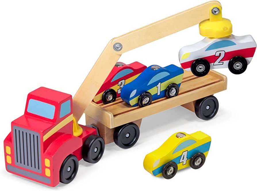 Melissa & Doug Magnetic Car Loader Wooden Toy Set With 4 Cars and 1 Semi-Trailer Truck - Crane Wo... | Amazon (US)