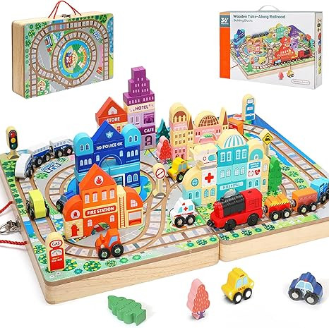 Large Wooden Building Blocks Set, Electric Train City Construction Stacking Blocks Preschool Lear... | Amazon (US)