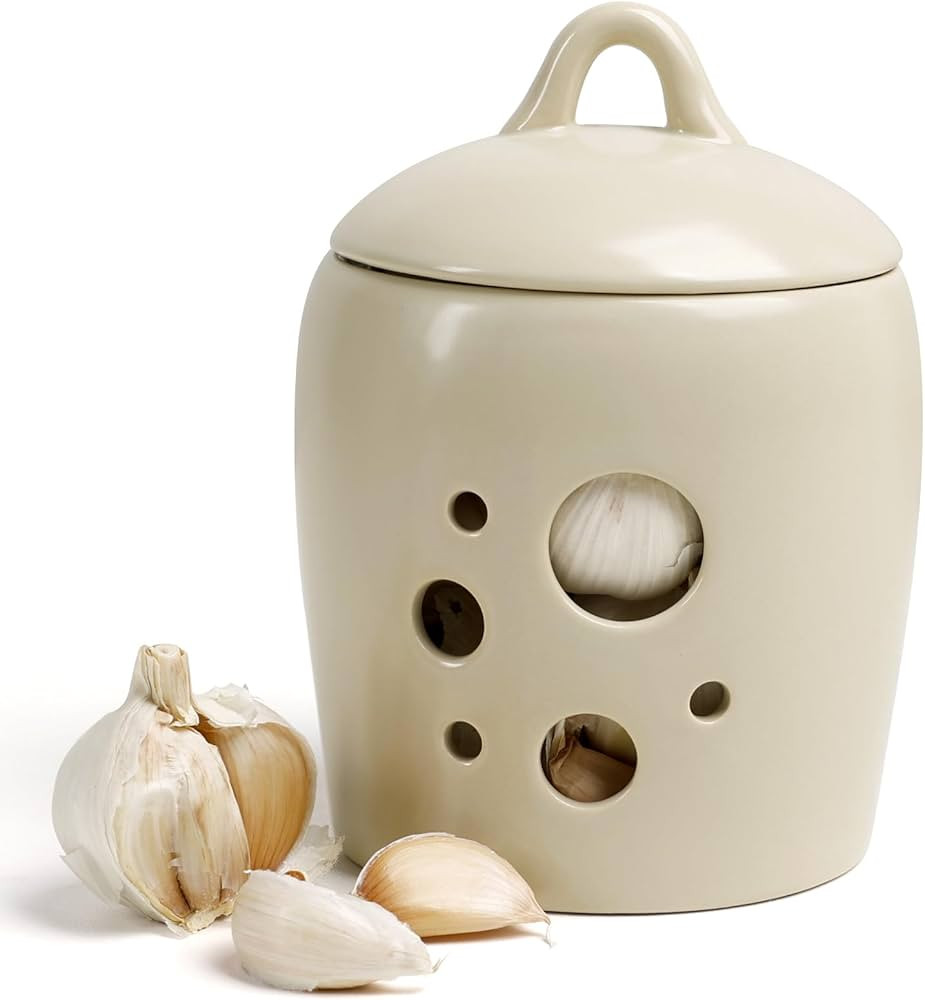 BosilunLife Garlic Keeper for Counter - Ceramic Garlic Storage Container with Lid Beige Garlic Ho... | Amazon (US)