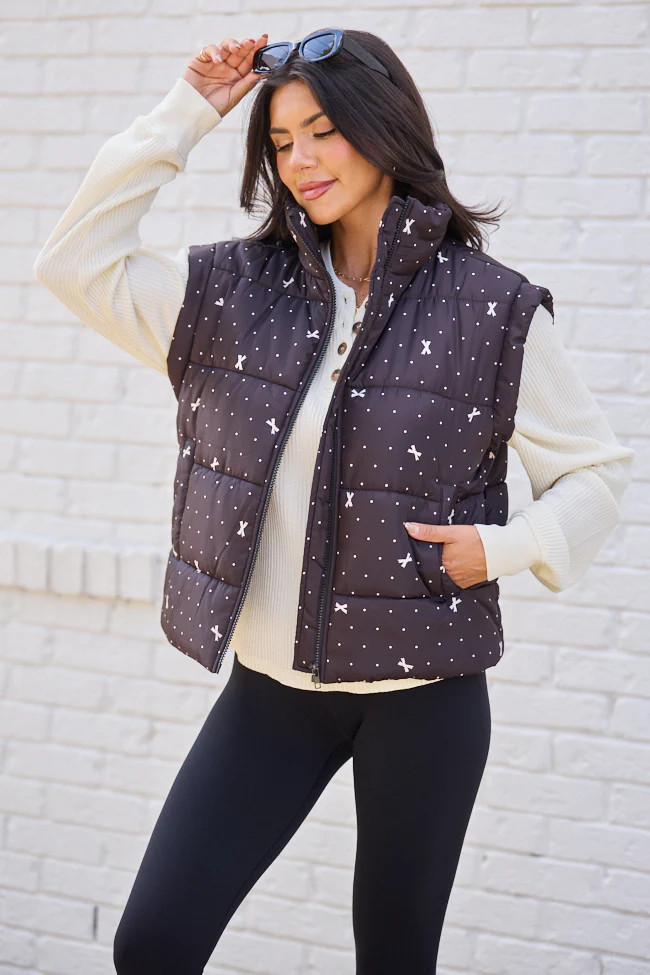 Stella Black Bow Dot Puffer Vest | Pink Lily