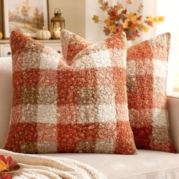 MIULEE Fall Plaid Pillow Covers Boucle Orange 18x18 Set of 2 | Autumn Decorations Farmhouse,Boucl... | Amazon (US)