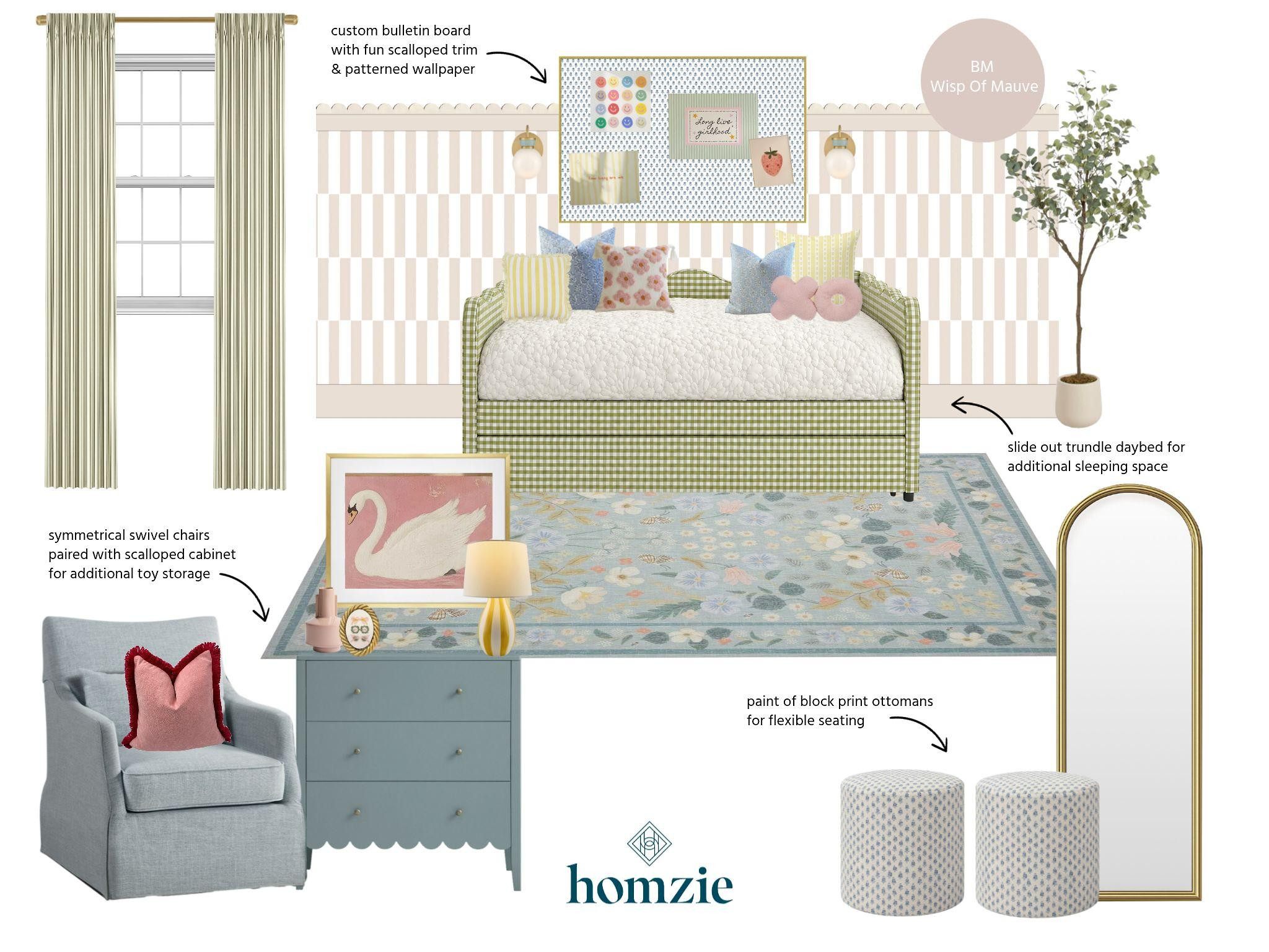 A bedroom filled with color, creativity, and a little bit of magic. 🌸🦋✨

This sweet girls' room is designed to grow with her while celebrating childhood. A gingham plaid daybed with a pull-out trundle makes sleepovers easy, while a custom bulletin board creates the perfect place to display artwork, photos, and treasured memories. The whimsical floral and butterfly rug grounds the space with playful color, and scalloped molding paired with patterned wallpaper adds beautiful texture and charm. Soft shades of pink, yellow, blue, and green come together to create a room that feels bright, joyful, and full of personality.

A space designed for dreaming, creating, and making memories that will last a lifetime. 💛

#LTKHome #GirlsBedroom #KidsRoomDesign #WhimsicalDecor #ColorfulHome #BedroomInspo #InteriorDesign #KidsDecor #HomeDecor #LTKCreator 

 