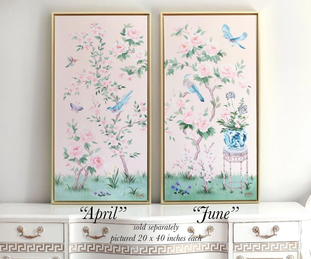 April, A Pink Chinoiserie Canvas Wrap, feminine fine art print | Etsy (US)