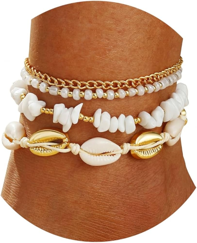 Qceasiy Shell Ankle Bracelet Set for Women, Gold Plated Boho Bead Adjustable Anklet, Hawaiian Bea... | Amazon (US)