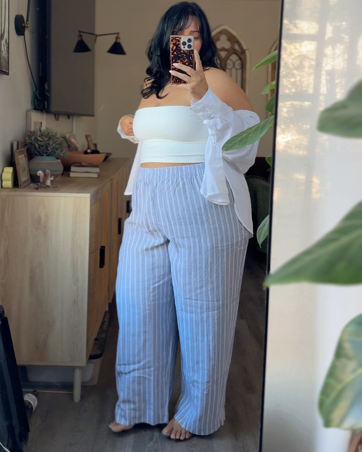 Amazing casual linen outfit for summer. White linen shirt, striped linen straight leg pants. So comfortable and light weight. Tube top has a built in bra. I love wearing a button down over my tanks and tube tops if I want a little more arm coverage. Wearing XL in everything. Tube top preview shows a purple workout set lol 5’6” 16/18 XL/XXL 

#LTKPlusSize #LTKOver40 #LTKootd