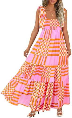 CURBODO Women's Summer Maxi Dress Boho Spaghetti Straps Casual Long A-line Smocked Beach Dress Sq... | Amazon (US)