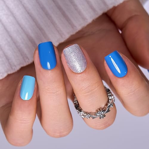 Curvlife Soft Gel Press on Nails 30pcs Fake Nails with Design Full Cover False Nails for Women Reusable Nail Kit with Nail Glue Adhesive Tabs Nail File (Ocean Blue) | Amazon (US)