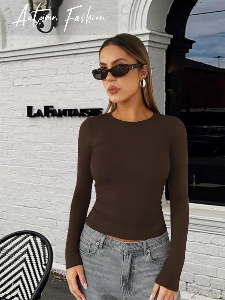 Danysu Double Lined High Round Neck Long Sleeve Tops for Women with Built in Bra Nylon Basic Crop... | Amazon (US)